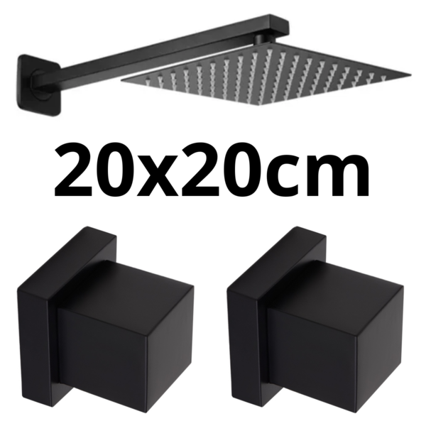 Ducha 20x20cm Preta + 2 Acabamentos De Metal Quadrado Inox
