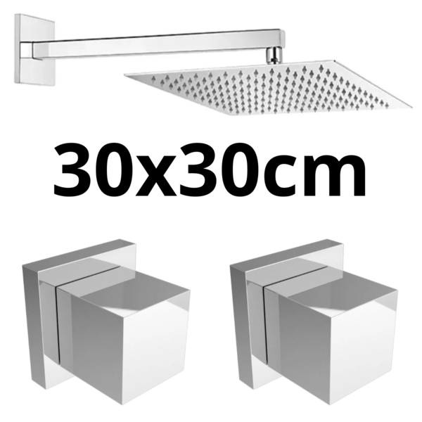 Ducha 30x30cm Cromada + 2 Acabamentos De Metal Quadrado Inox
