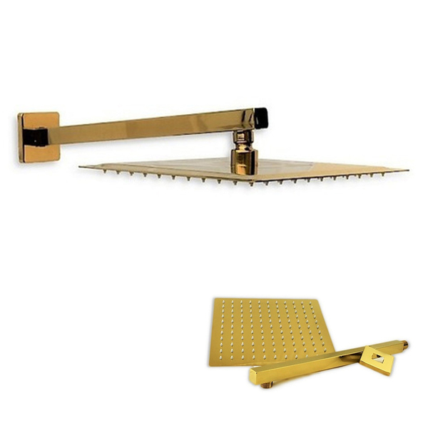 Ducha Chuveiro Dourado Slim 20x20 Quadrado Suporte Parede Ban