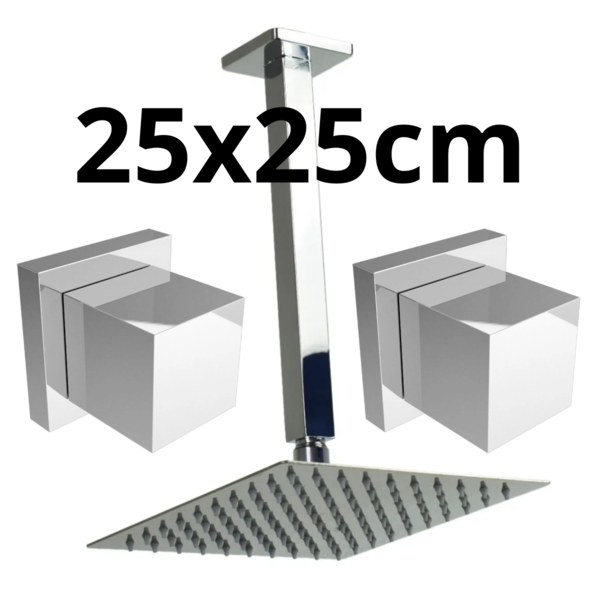Ducha De Teto 25x25cm Cromada Quadrada Inox + 2 Acabamentos