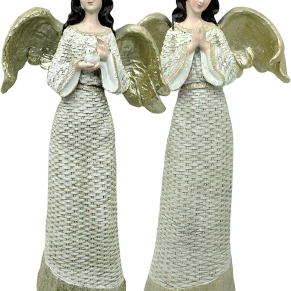 Dupla Anjos Decoração Em Resina Natal Glitter Branco De 38cm