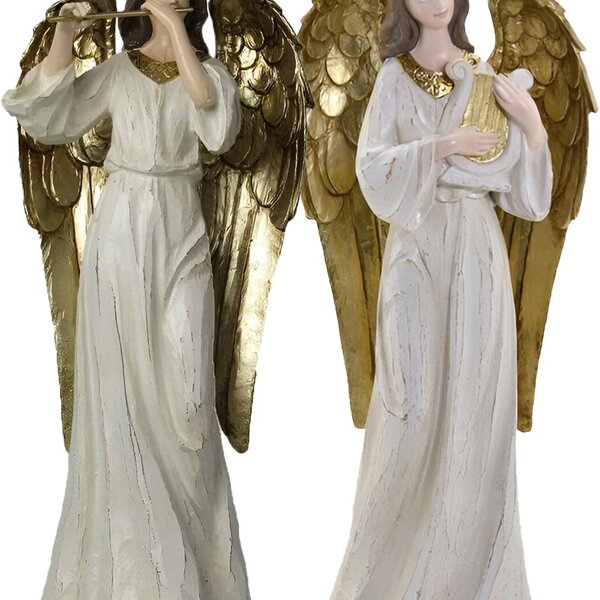 Dupla Anjos Músico Flautista Harpista Em Resina Natal 38cm