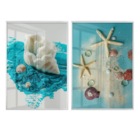 Dupla De Quadros Decorativos Com Vidro Praia Conchas Azul Gra