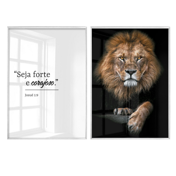Dupla De Quadros Decorativos Grande Leão De Judá Frases Fé Es