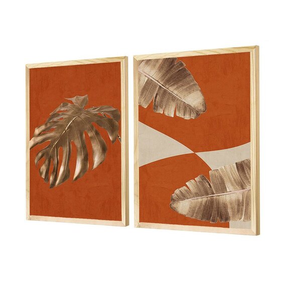 Dupla De Quadros Decorativos Laranja Folhagem Dourada