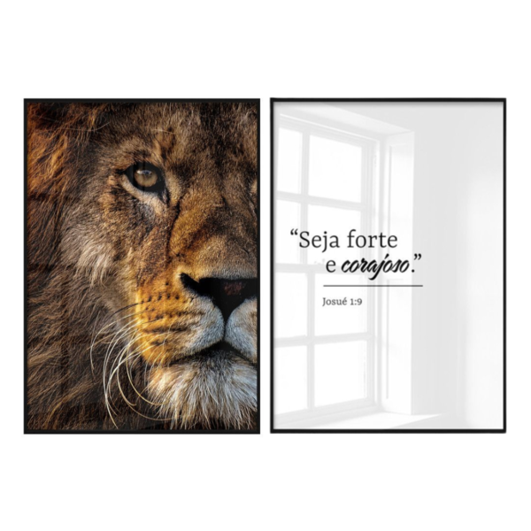 Dupla De Quadros Decorativos Leão De Judá Versículo Fé E Cora