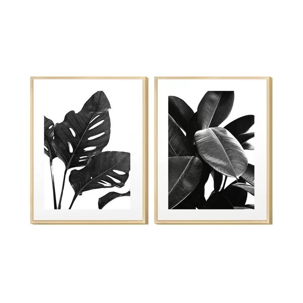 Dupla De Quadros Decorativos Preto E Branco Folhagens