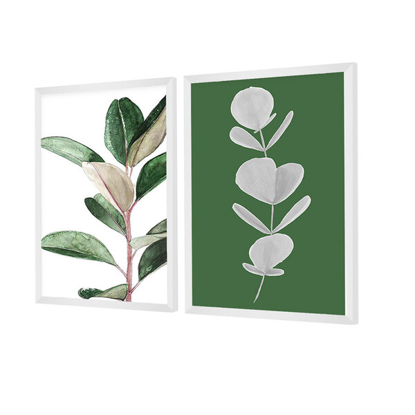 Dupla De Quadros Decorativos Verde Ramos Folhagens