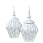 Dupla Potiche Cerâmico Branco C/ Tampa Trabalhado Ondulação