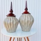 Dupla Potiche Cerâmico Cáqui C/ Tampa Trabalhado Ondulação