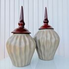 Dupla Potiche Cerâmico Cáqui C/ Tampa Trabalhado Ondulação