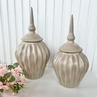 Dupla Potiche Cerâmico Cáqui Trabalhado Ondulação C/ Tampa