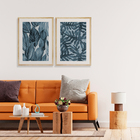 Dupla Quadros Decorativos Folhas Moderno Azul Escritório