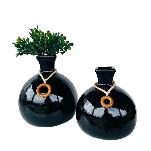 Dupla Vaso Bola Redondo Preto Liso C/ Planta Buxinho Moderna
