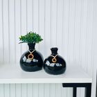 Dupla Vaso Bola Redondo Preto Liso C/ Planta Buxinho Moderna