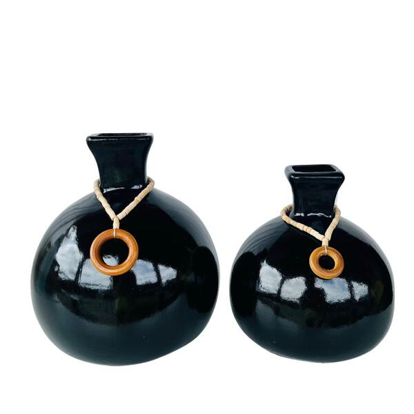 Dupla Vaso Bola Redondo Preto Liso Com Pingente De Madeira