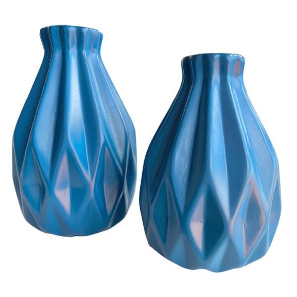 Dupla Vaso Centro De Mesa Azul Trabalhado Geométrico 3d