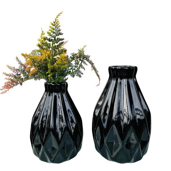 Dupla Vaso Centro De Mesa Preto Geométrico 3d Com Planta
