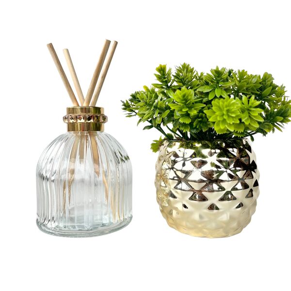 Dupla Vaso Dourado De Cerâmica E Difusor De Vidro Trabalhado