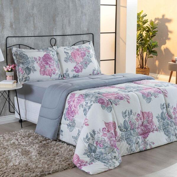 Edredom 1 Peça Queen Floral Cinza