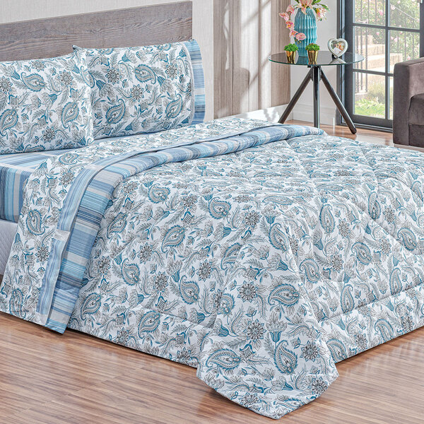 Edredom Azul Queen Listra Dupla Face 2,50m X 2,40m + Jogo De