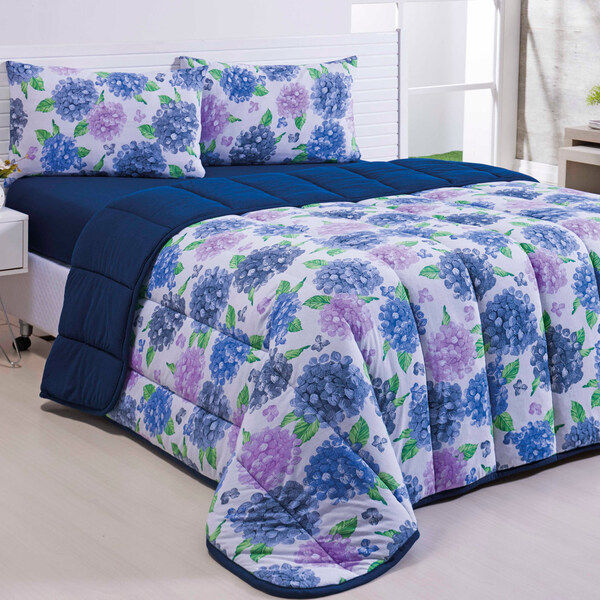 Edredom Basic Floral Azul Marinho King Dupla Face - Malha 100