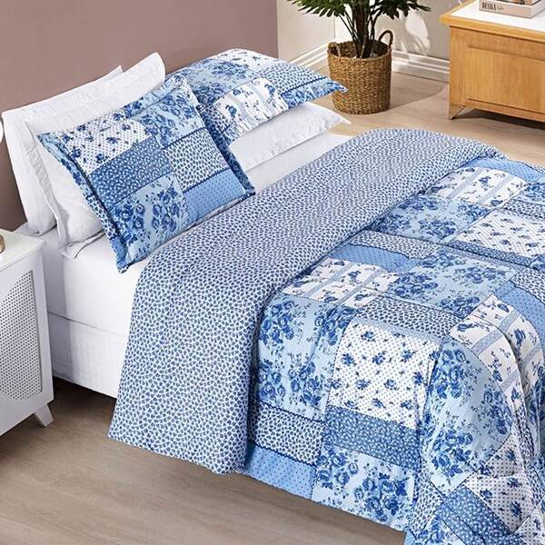 Edredom Casal Padrão Bouti Dupla Face 3 Peças - Azul Sereno