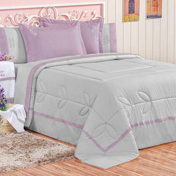 Edredom Cinza Yasmin Queen Size + Jogo De Cama Percal 200 Fio