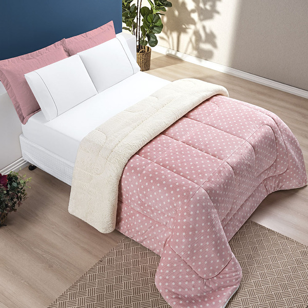 Edredom Coberdrom Romantico Poá Queen Sherpa E Manta Flannel