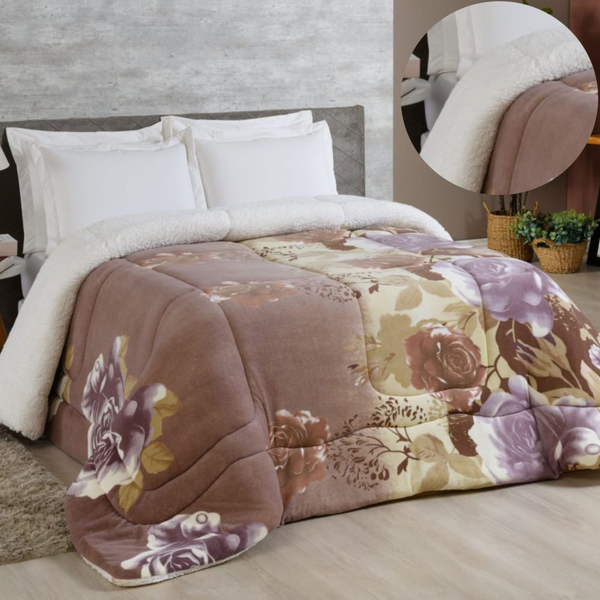 Edredom Coberdrom Sonobom Queen Sherpa E Manta - Floral Cáqui