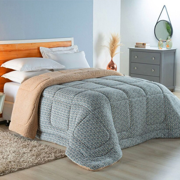 Edredom Coberdrom Sonobom Solteiro Sherpa E Manta - Rosê Cinz