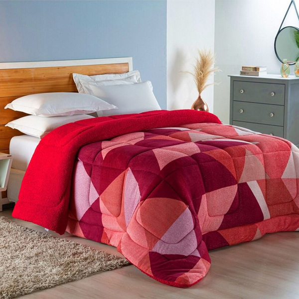 Edredom Coberdrom Sonobom Solteiro Sherpa - Geométrico Vermel