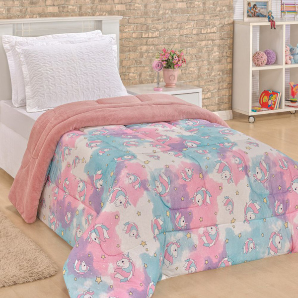 Edredom Coberdrom Unicórnio Solteiro Dupla Face Malha - Rosa