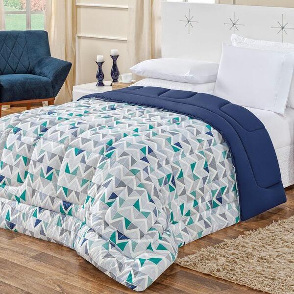 Edredom Dupla Face Queen Quality 01 Peça - Geométrico Azul