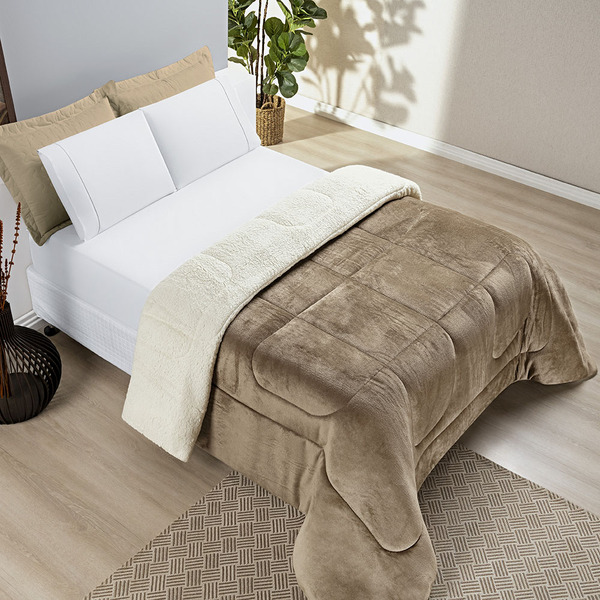 Edredom Esquimó Casal Padrão  Sherpa Toque Lã Carneiro - Cáqu