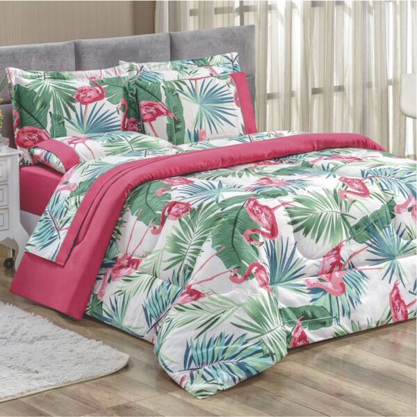 Edredom Naturallys Super King Dupla Face - Flamingo Verde - 1