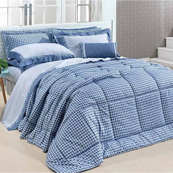 Edredom Queen 100% Algodão 200 Fios Ornatto  03 Peças - Azul