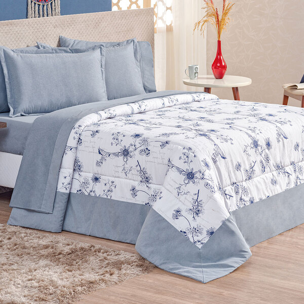 Edredom Queen Azul 3 Peças Floral Azul Percal 180 Fios 2,60m
