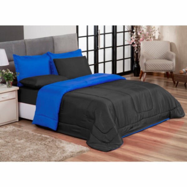 Edredom Queen Azul E Preto + Jogo De Lençol 06 Peças Aconcheg