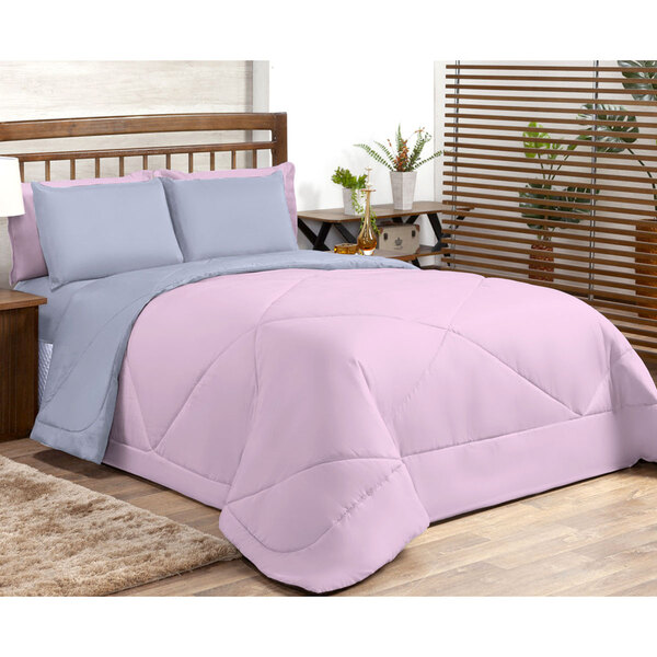Edredom Queen Cinza / Rosa Dupla Face Avulso 2,40m X 2,20m