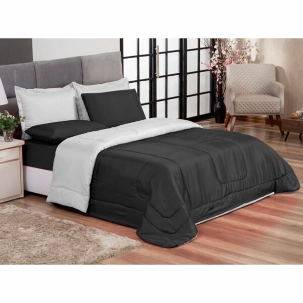 Edredom Queen Preto E Branco + Jogo De Lençol 06 Peças Aconch