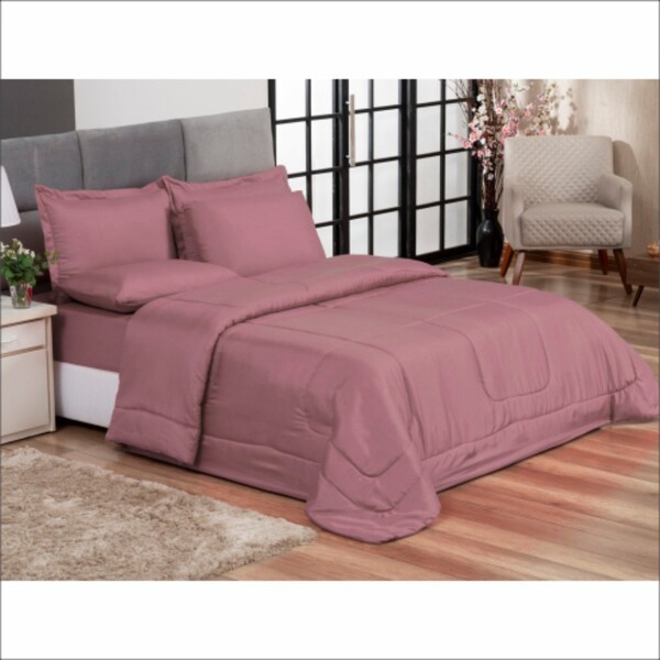 Edredom Queen Rosé + Jogo De Lençol 06 Peças Aconchego Dupla