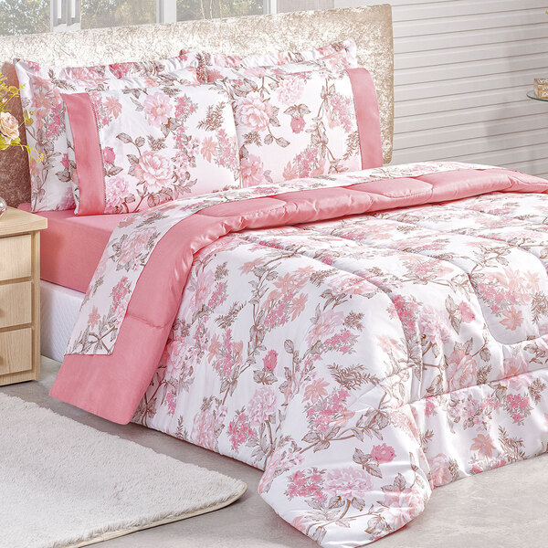 Edredom Rosê Floral Estampado King Size 200 Fios Dupla Face +