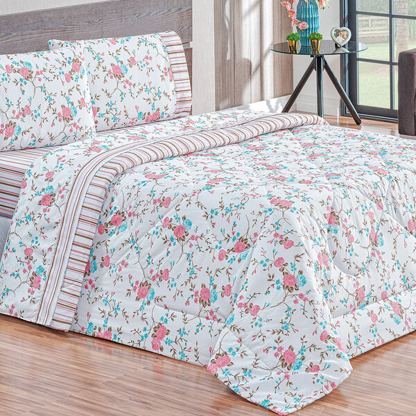 Edredom Rosê Queen Listras Dupla Face 2,50m X 2,40m + Jogo De