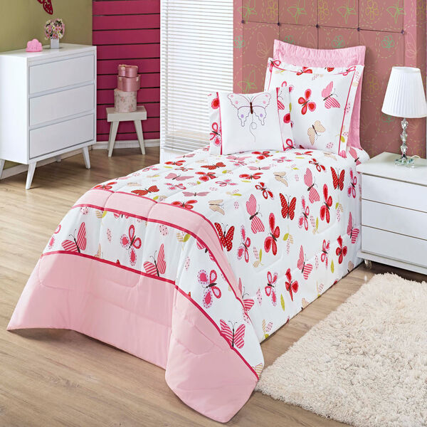 Edredom Solteiro Sarah Rosa Enxovais Aquarela 4 Peças