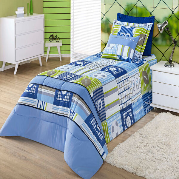 Edredom Solteiro Sport Azul Enxovais Aquarela 4 Peças