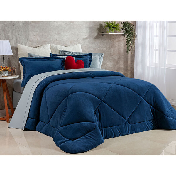 Edredom Tamanho King Azul Marinho Soft Microfibra + Jogo De C
