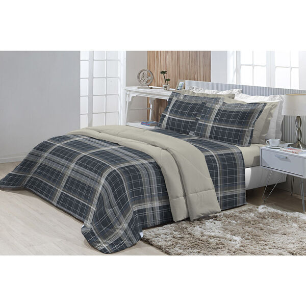 Edredon Dupla Face Solteiro 180 Fios Innovare Azul Quadricula