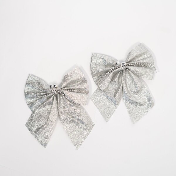 Enfeite Árvore Natal Laço Prata Brilhante 16cm 2 Unidades