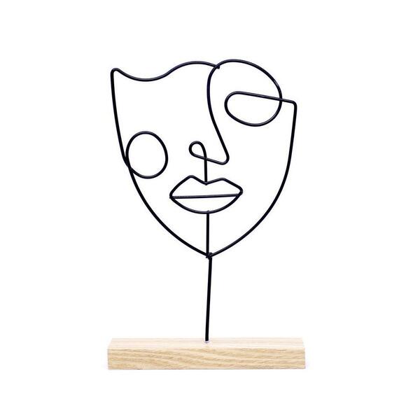 Enfeite De Metal Com Base Em Madeira Rosto Máscara 26,5x17x4cm